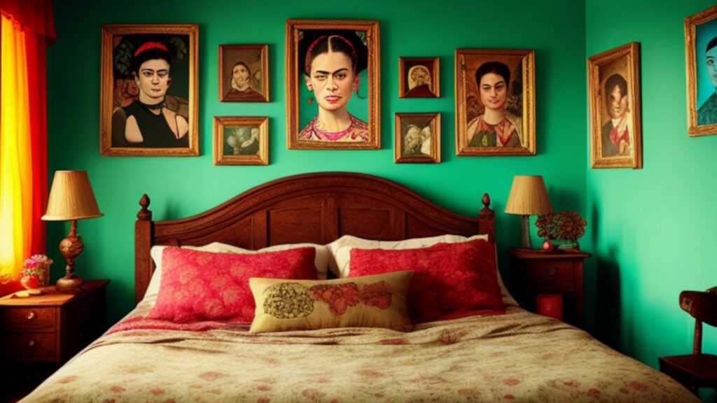 Frida Kahlo Stil Gemälde eines Schlafzimmers mit vielen Bildern