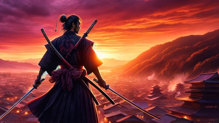 Miyamoto Musashi im Sonnenuntergang mit Samurai-Schwertern