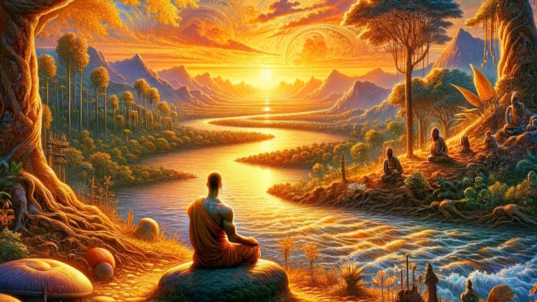 Siddharta meditierend im Sonnenaufgang