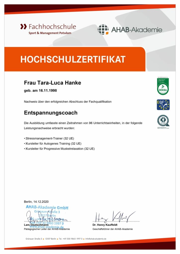 Zertifikat Entspannungscoach Tara Hanke