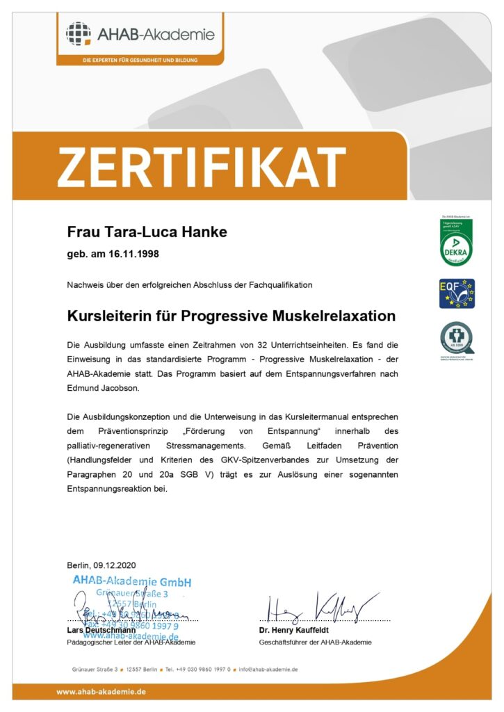 Zertifikat Kursleiterin für Progressive Muskelrelaxation Tara Hanke